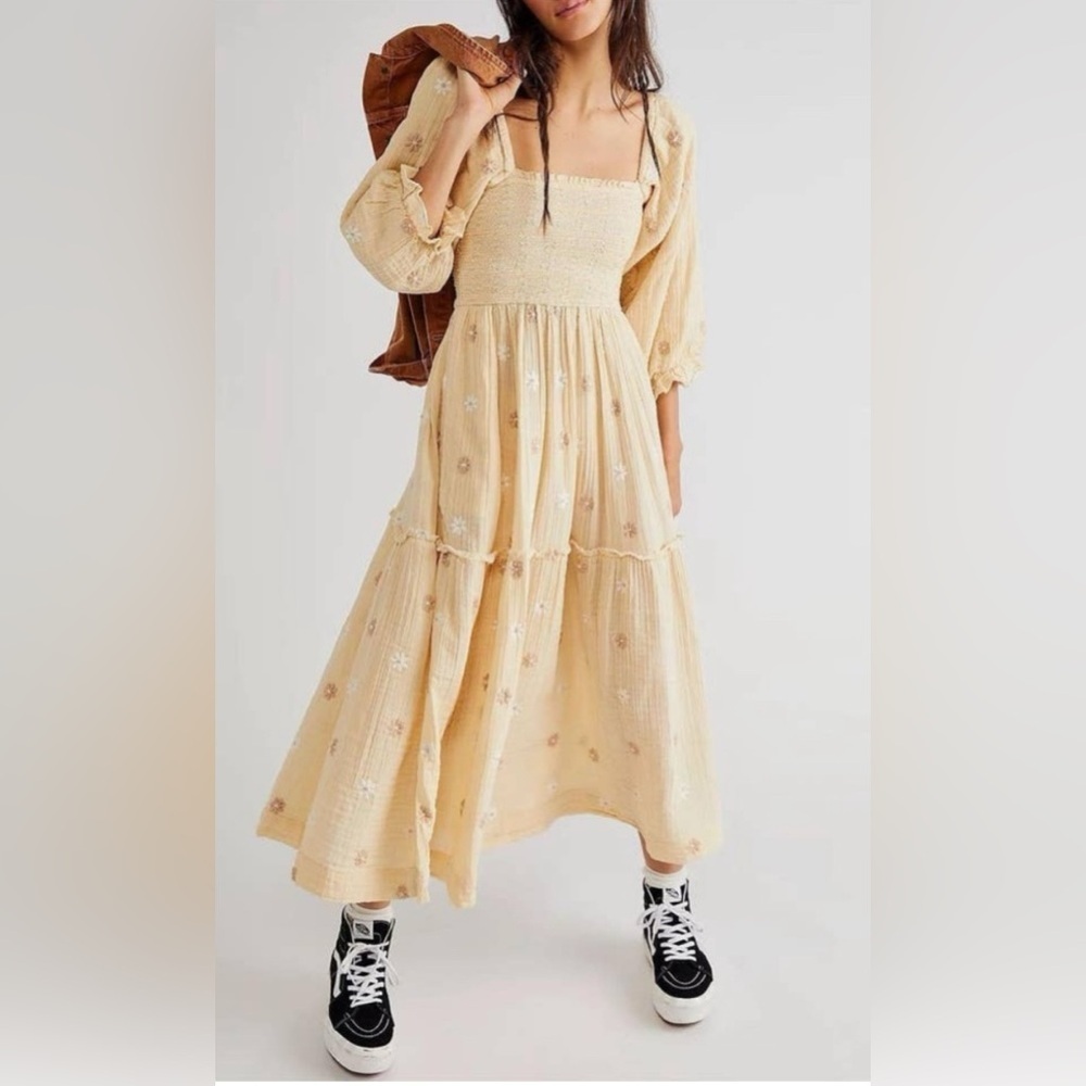 Free People Dahlia Embroidered Gauzy Smocked Puff Sleeve Maxi Dress Size SP
